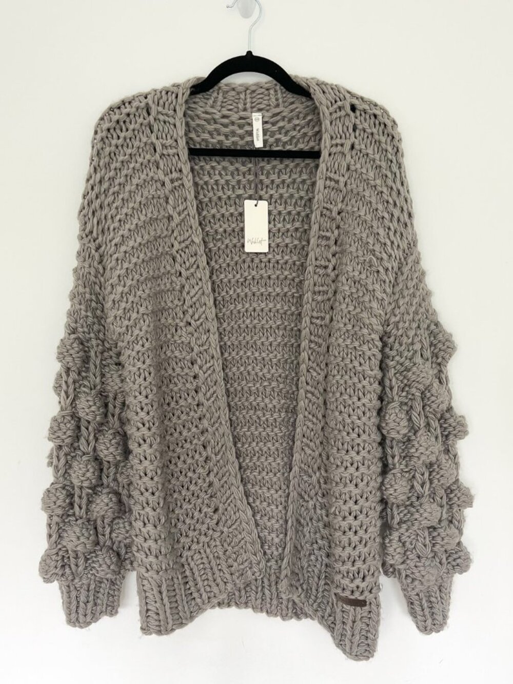 Wishlist Chunky Hand Knit Bobble Sleeve Open Cardigan Grey NWT
